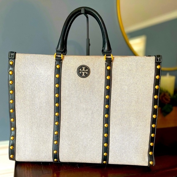 Tory Burch Handbags - Tory Burch Cream and Black Structured Tote with Gold Accents
